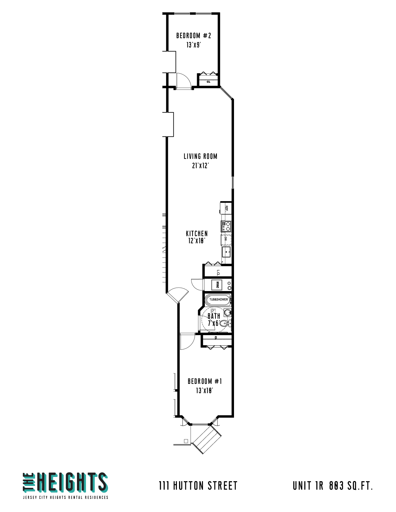 Floor plan for 2 beds, 1 bath, 803 sqft